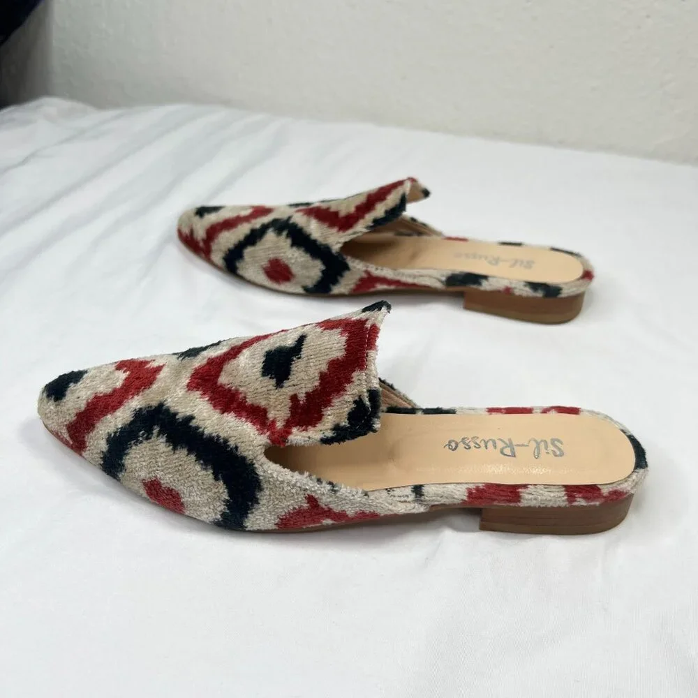 Sil-Russo Ikat Tapestry Mules Flats Slides Geometric Ivory Red Black 38 US 7-7.5 - Picture 5 of 10